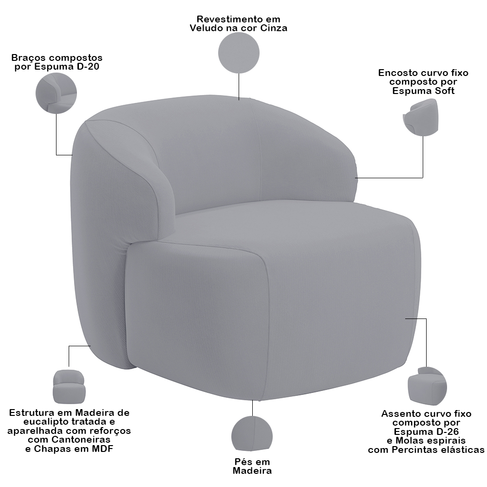 Kit 02 Poltronas Decorativa Fixa Orgânica Para Sala Living Barolo L06 Veludo Cinza - Lyam Decor