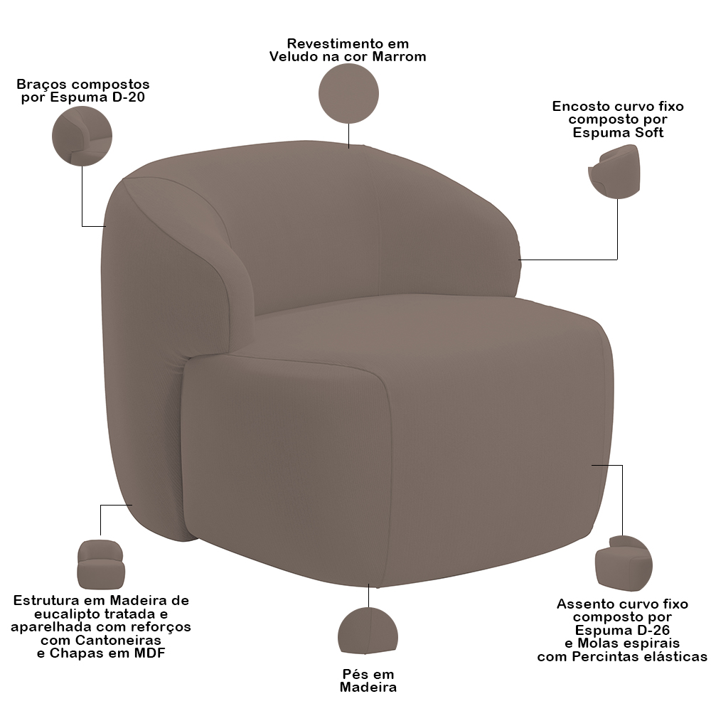 Kit 02 Poltronas Decorativa Fixa Orgânica Para Sala Living Barolo L06 Veludo Marrom - Lyam Decor