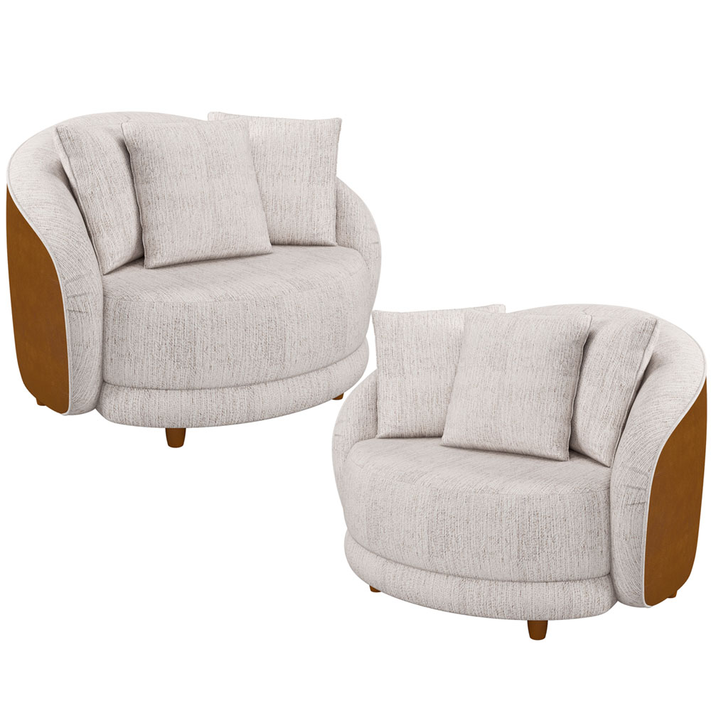 Kit 02 Poltronas Decorativa Fixa Pés De Madeira Witta M03 Couríssimo Whisky Linho Bege - Lyam Decor