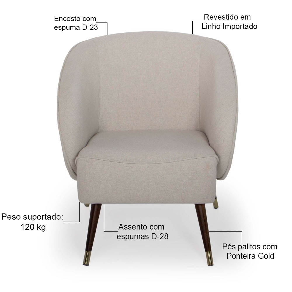 Kit 02 Poltronas Decorativa Fixa Pés Palito Duo New Bronze Agnes D02 Linho Bege B-415 - Lyam Decor