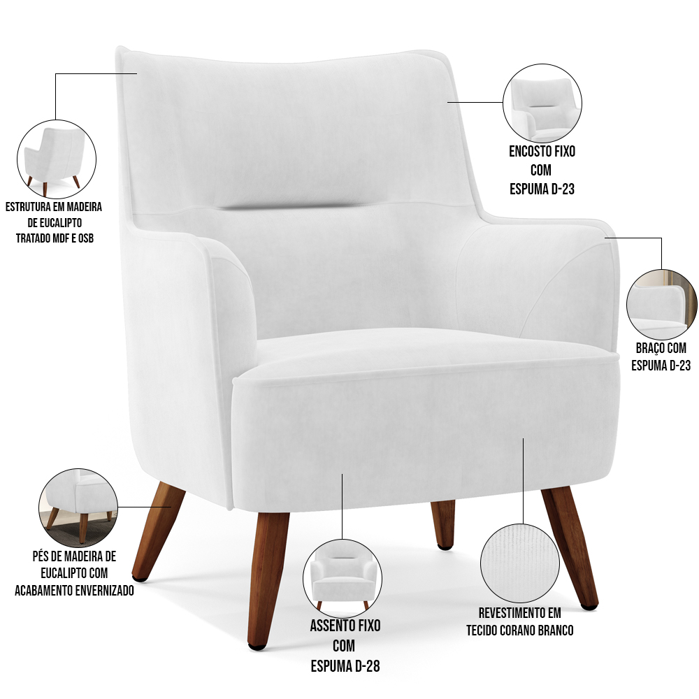 Kit 02 Poltronas Decorativa Fixa Pés de Madeira Isabella D02 Corano Branco C-12 - Lyam Decor
