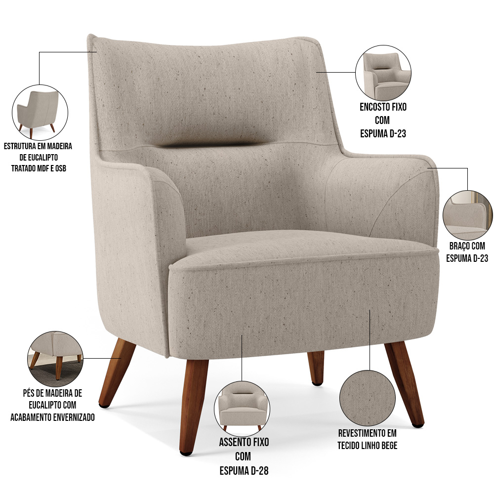 Kit 02 Poltronas Decorativa Fixa Pés de Madeira Isabella D02 Linho Bege C-107 - Lyam Decor