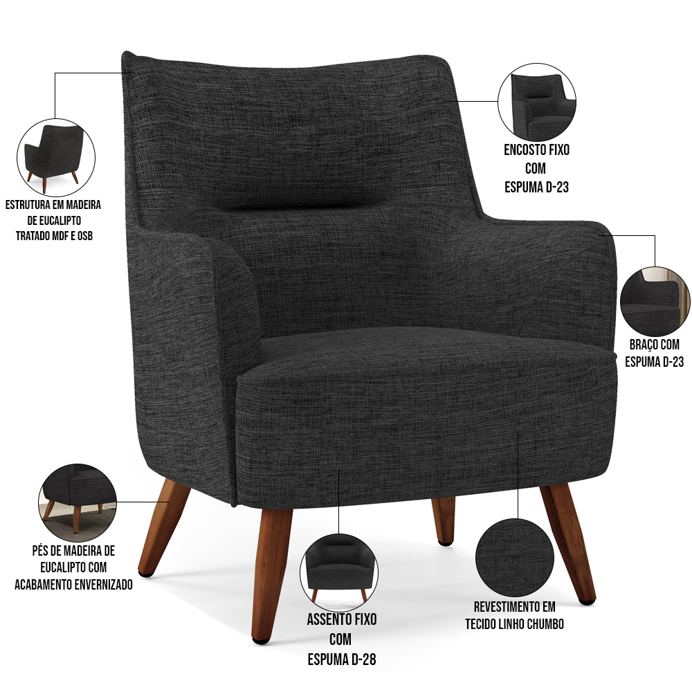 Kit 02 Poltronas Decorativa Fixa Pés de Madeira Isabella D02 Linho Chumbo D-465 - Lyam Decor