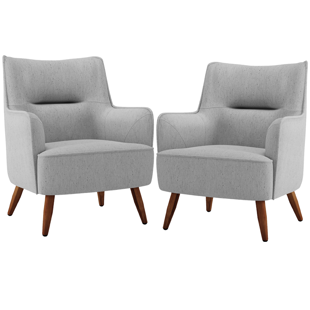 Kit 02 Poltronas Decorativa Fixa Pés de Madeira Isabella D02 Linho Cinza D-315 - Lyam Decor
