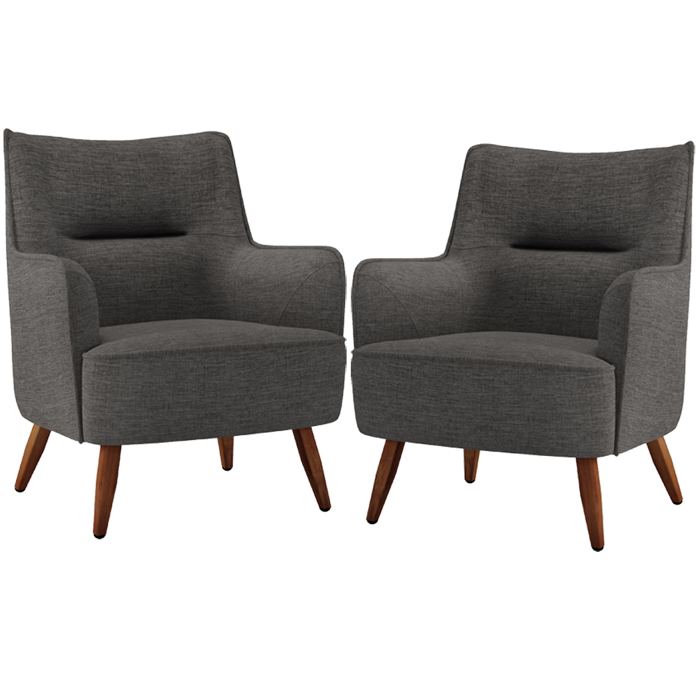 Kit 02 Poltronas Decorativa Fixa Pés de Madeira Isabella D02 Linho Cinza Escuro C-416 - Lyam Decor