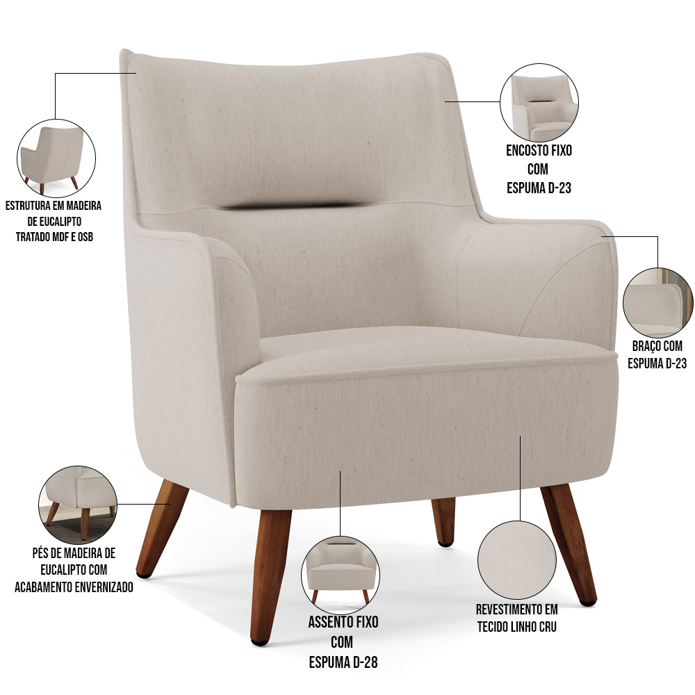 Kit 02 Poltronas Decorativa Fixa Pés de Madeira Isabella D02 Linho Cru C-443 - Lyam Decor