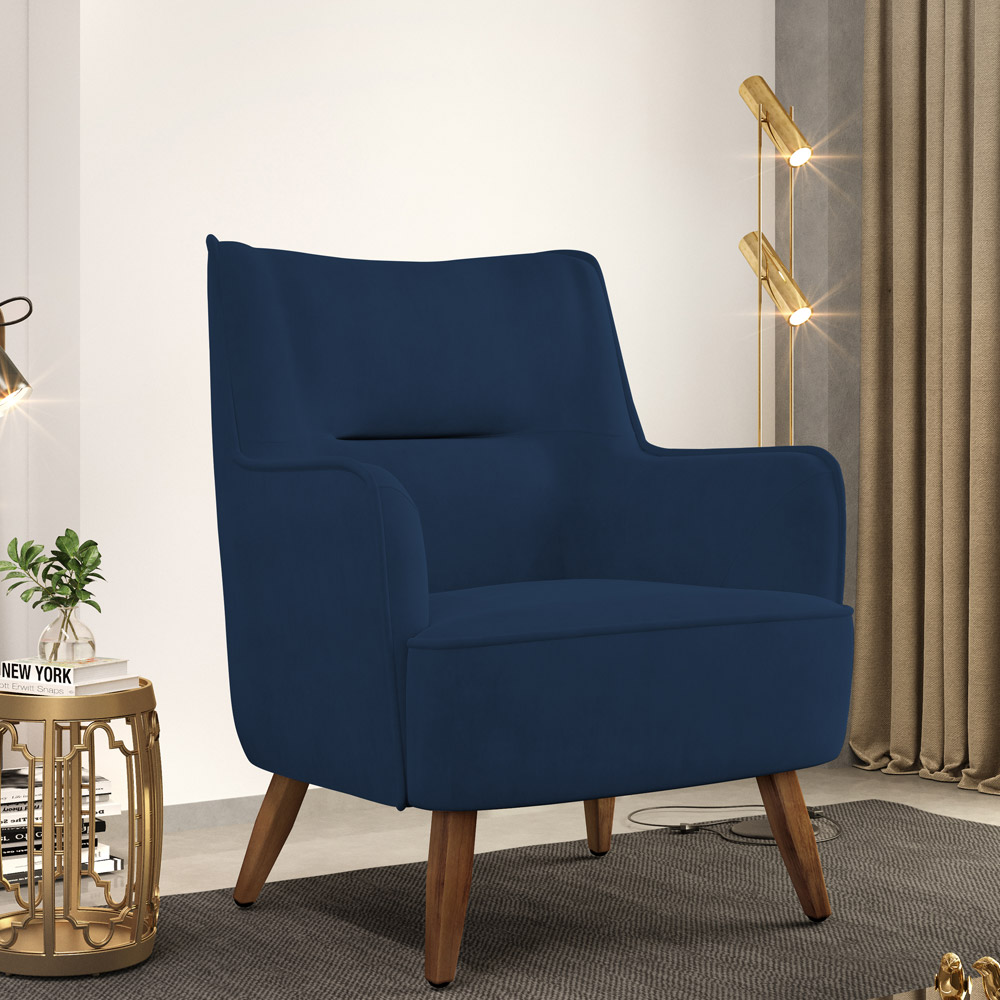 Kit 02 Poltronas Decorativa Fixa Pés de Madeira Isabella D02 Veludo Azul Marinho C-304 - Lyam Decor