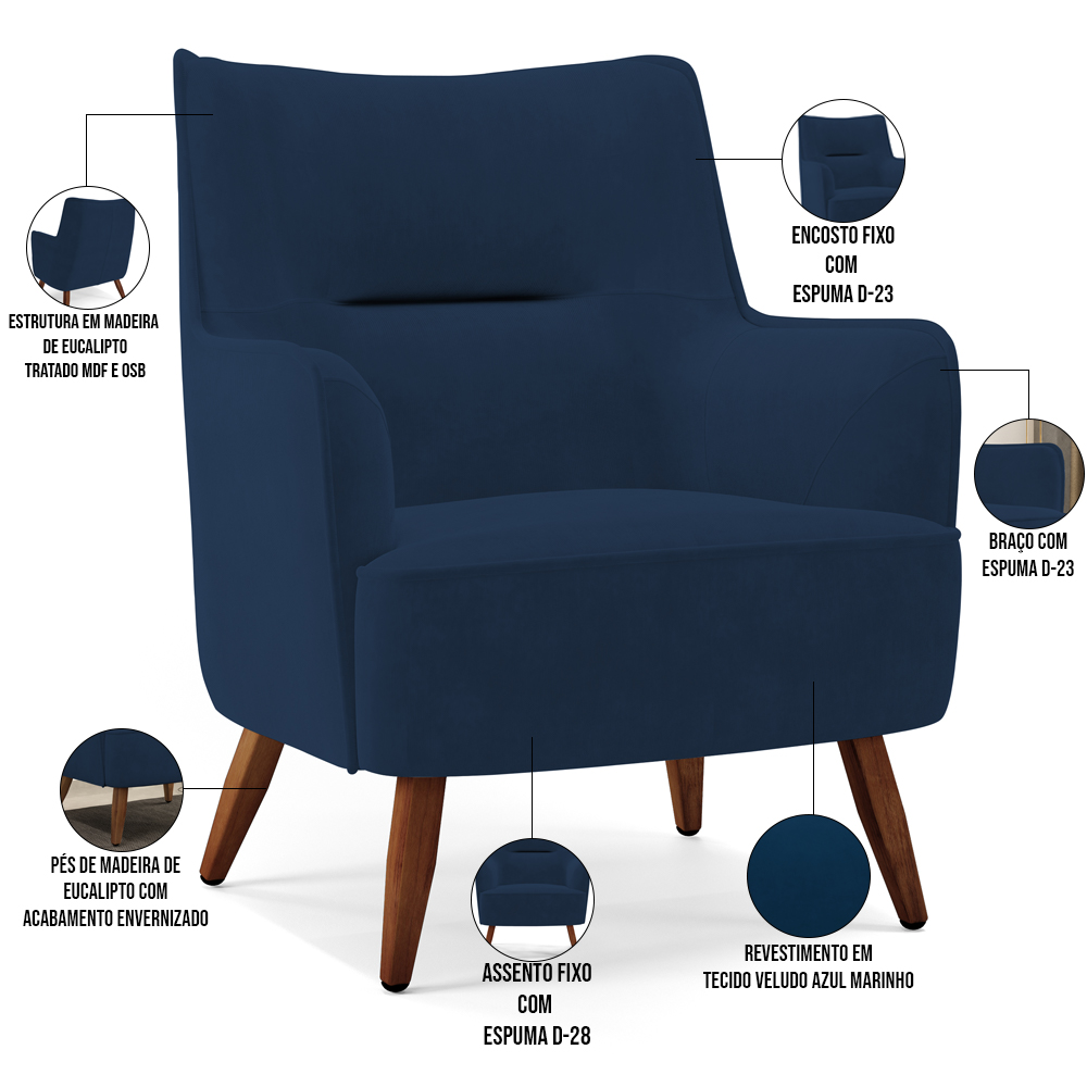 Kit 02 Poltronas Decorativa Fixa Pés de Madeira Isabella D02 Veludo Azul Marinho C-304 - Lyam Decor