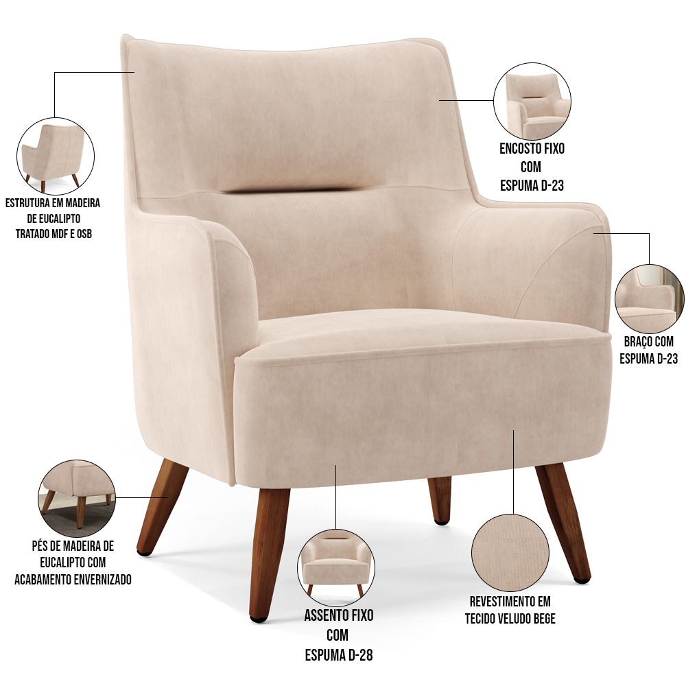 Kit 02 Poltronas Decorativa Fixa Pés de Madeira Isabella D02 Veludo Bege C-309 - Lyam Decor