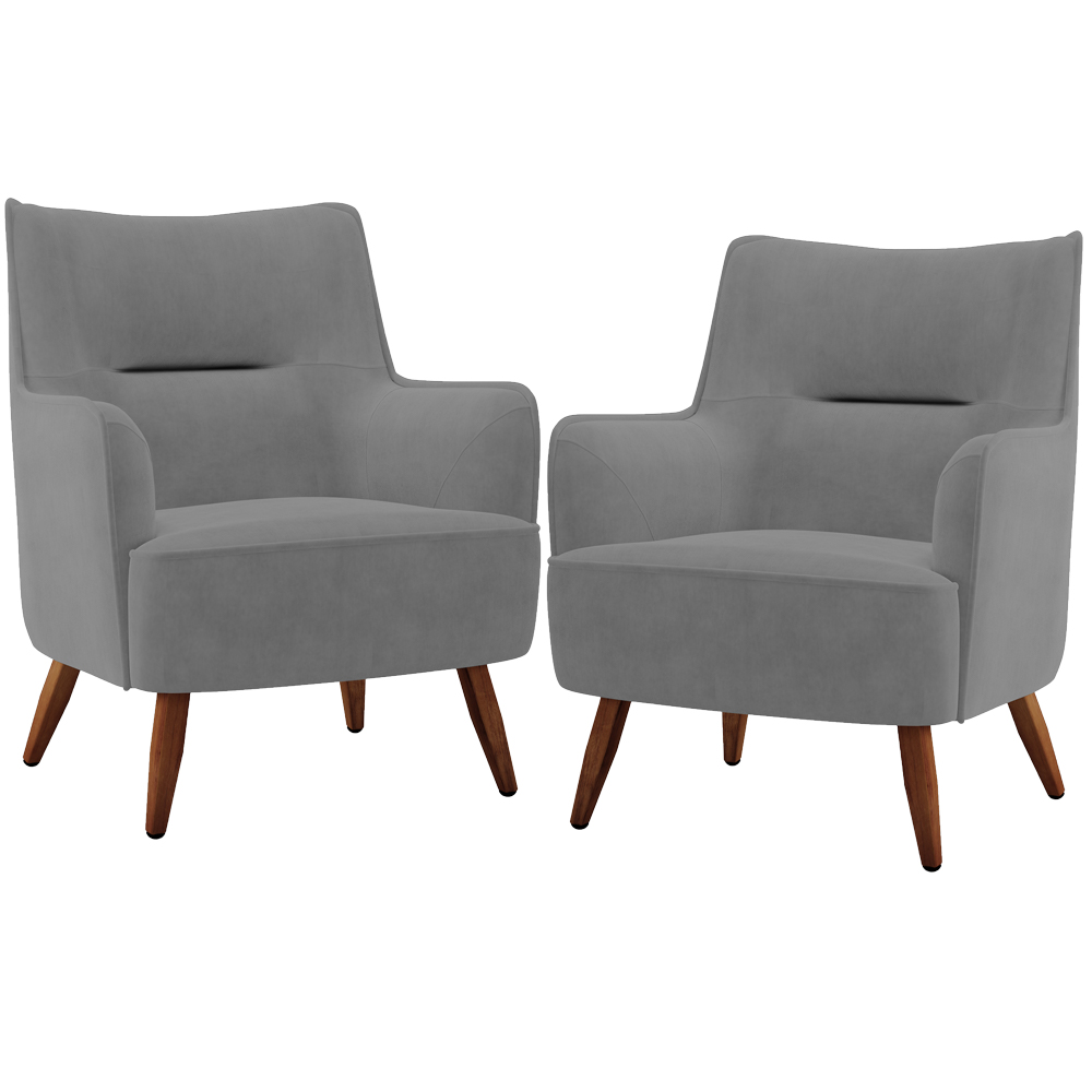 Kit 02 Poltronas Decorativa Fixa Pés de Madeira Isabella D02 Veludo Cinza C-317 - Lyam Decor