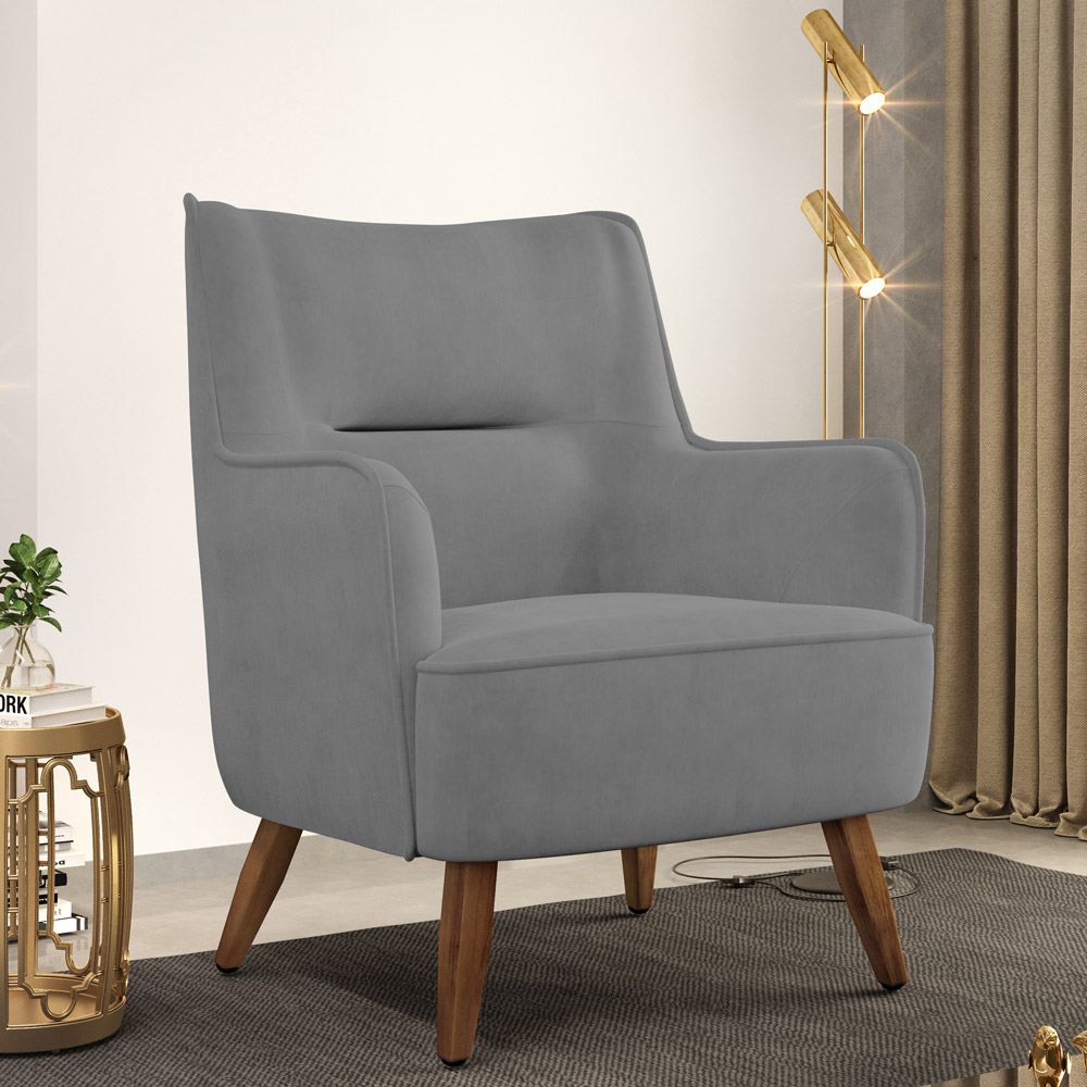 Kit 02 Poltronas Decorativa Fixa Pés de Madeira Isabella D02 Veludo Cinza C-317 - Lyam Decor