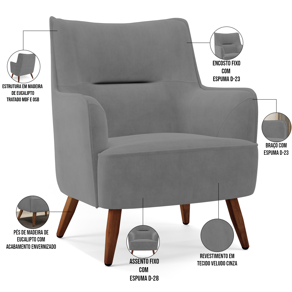 Kit 02 Poltronas Decorativa Fixa Pés de Madeira Isabella D02 Veludo Cinza C-317 - Lyam Decor