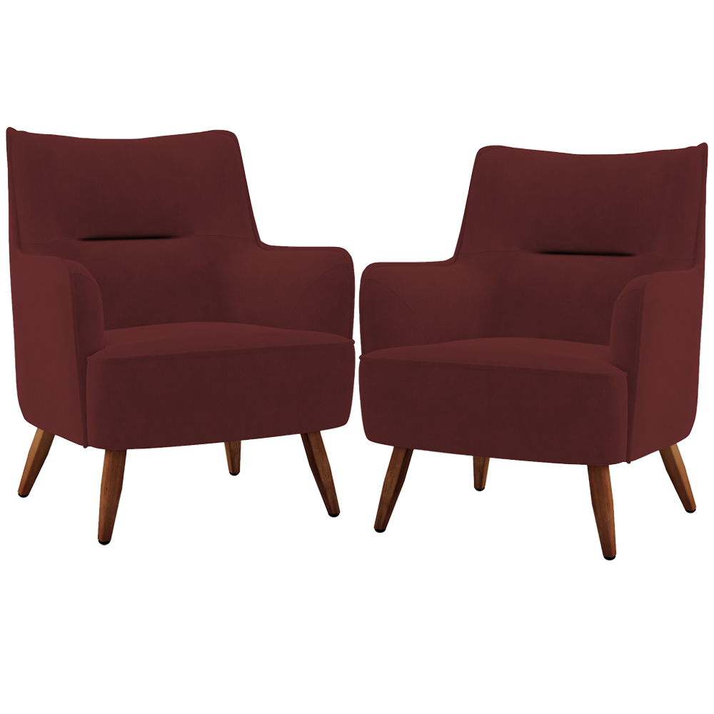 Kit 02 Poltronas Decorativa Fixa Pés de Madeira Isabella D02 Veludo Marsala C-278 - Lyam Decor
