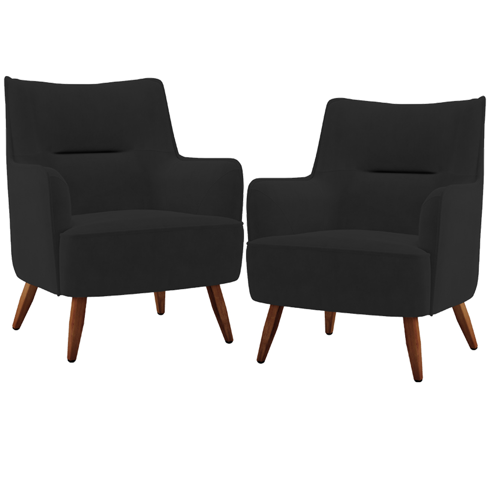 Kit 02 Poltronas Decorativa Fixa Pés de Madeira Isabella D02 Veludo Preto C-300 - Lyam Decor