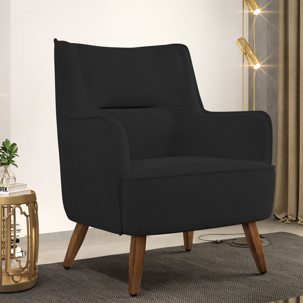 Kit 02 Poltronas Decorativa Fixa Pés de Madeira Isabella D02 Veludo Preto C-300 - Lyam Decor
