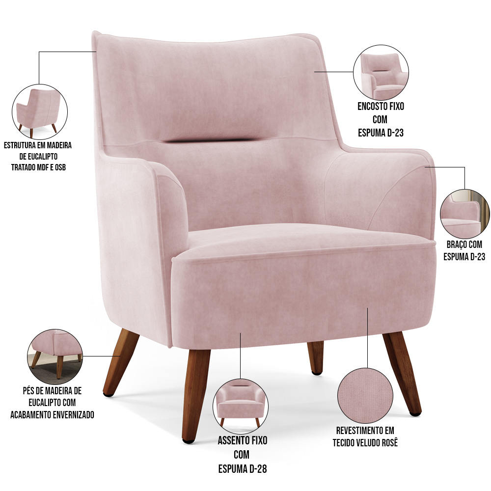 Kit 02 Poltronas Decorativa Fixa Pés de Madeira Isabella D02 Veludo Rosê C-305 - Lyam Decor
