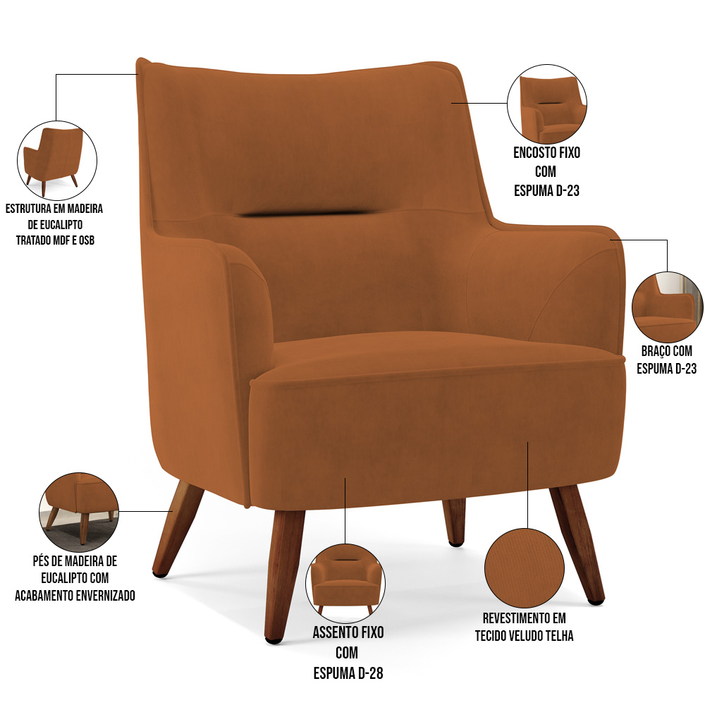 Kit 02 Poltronas Decorativa Fixa Pés de Madeira Isabella D02 Veludo Telha C-262 - Lyam Decor