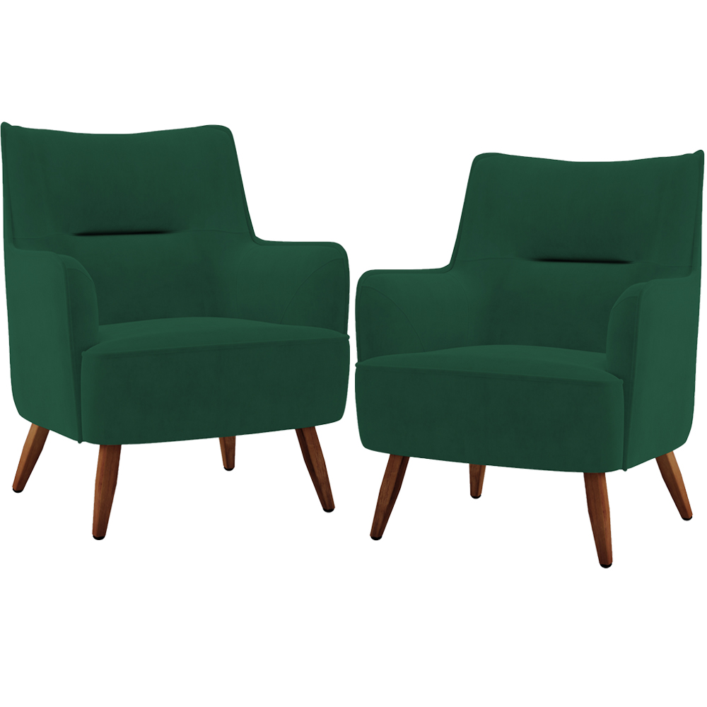 Kit 02 Poltronas Decorativa Fixa Pés de Madeira Isabella D02 Veludo Verde C-303 - Lyam Decor