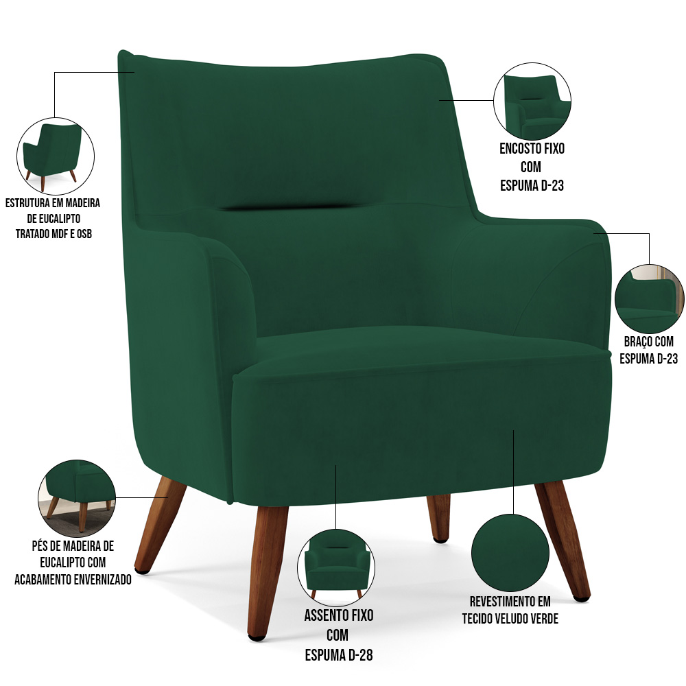 Kit 02 Poltronas Decorativa Fixa Pés de Madeira Isabella D02 Veludo Verde C-303 - Lyam Decor