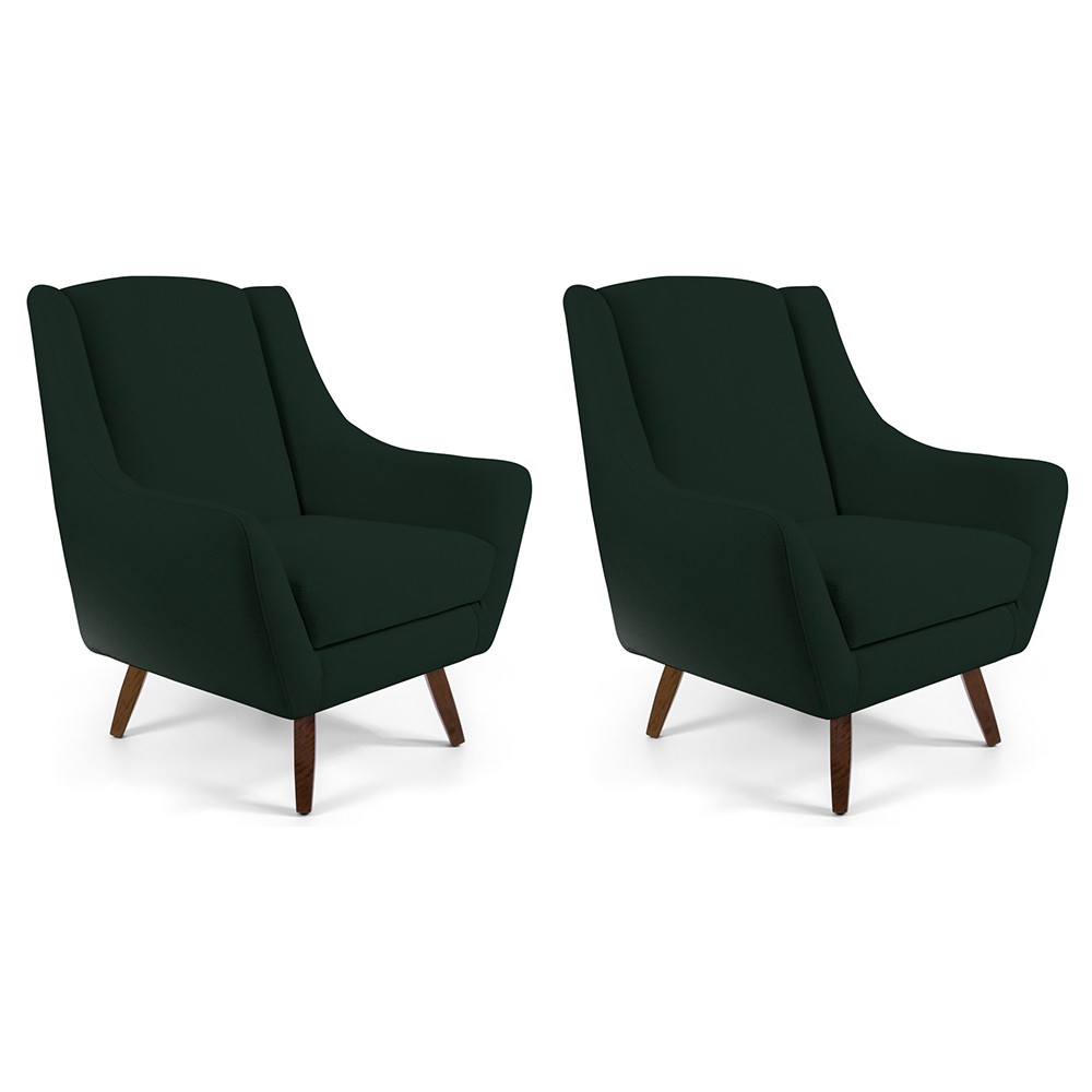 Kit 02 Poltronas Decorativa Fixa Pés de Madeira Juliet D02 Linho Verde C-117 - Lyam Decor