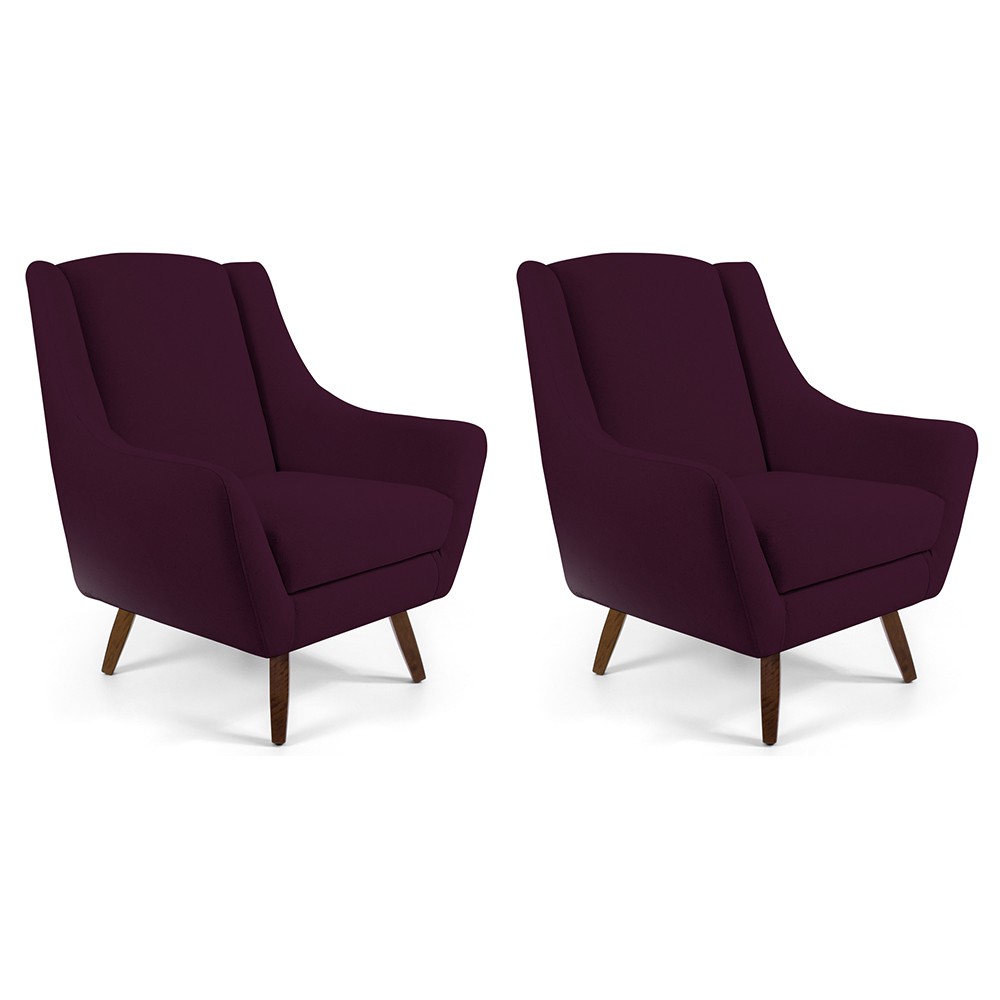 Kit 02 Poltronas Decorativa Fixa Pés de Madeira Juliet D02 Veludo Roxo Grape C-292 - Lyam Decor