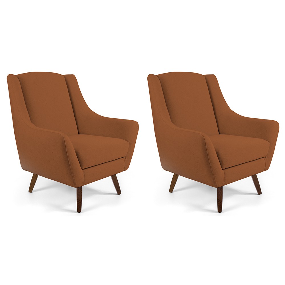 Kit 02 Poltronas Decorativa Fixa Pés de Madeira Juliet D02 Veludo Telha C-262 - Lyam Decor