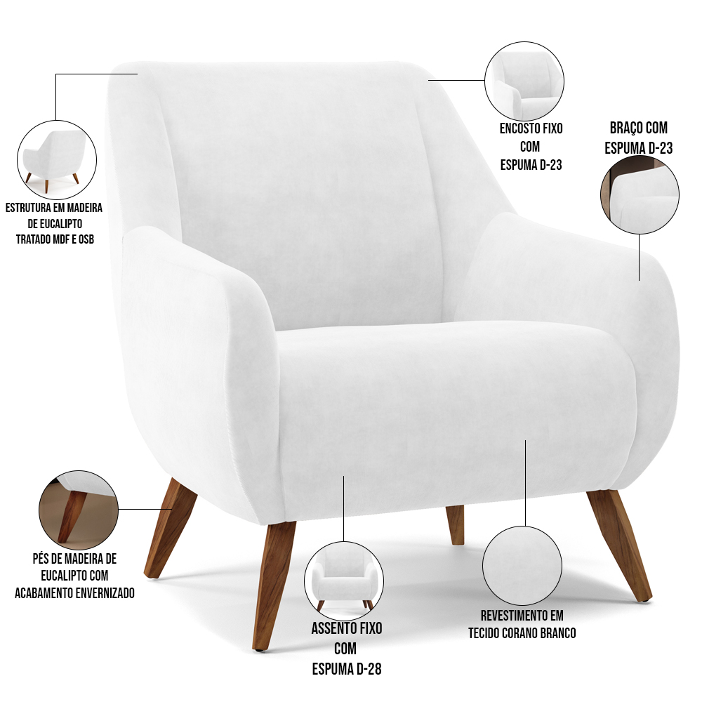 Kit 02 Poltronas Decorativa Fixa Pés de Madeira Paloma D02 Corano Branco C-12 - Lyam Decor