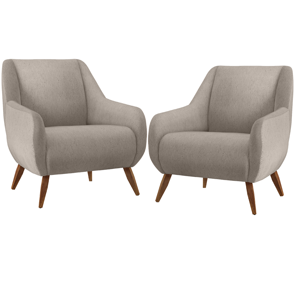 Kit 02 Poltronas Decorativa Fixa Pés de Madeira Paloma D02 Linho Bege C-107 - Lyam Decor