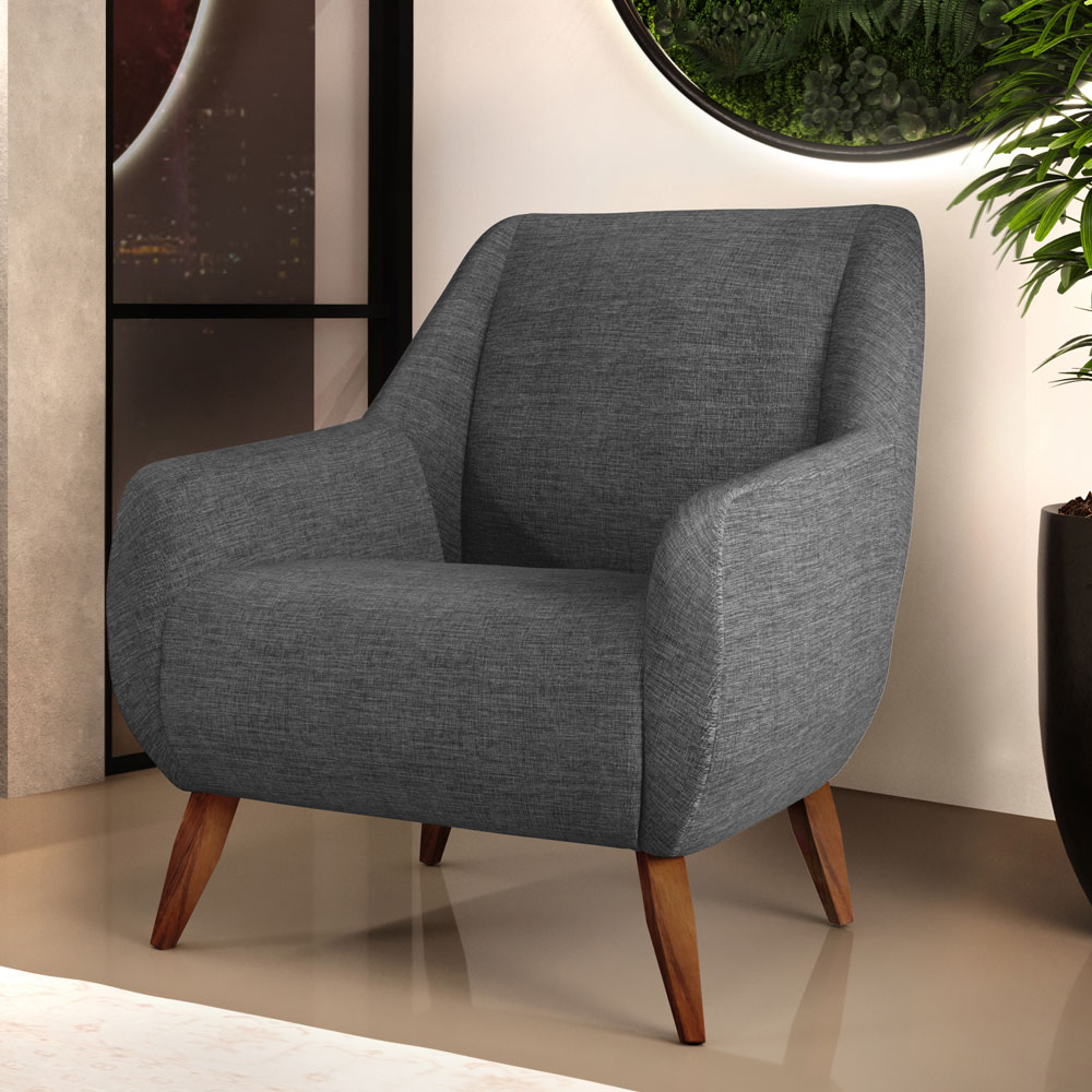 Kit 02 Poltronas Decorativa Fixa Pés de Madeira Paloma D02 Linho Cinza Escuro C-416 - Lyam Decor