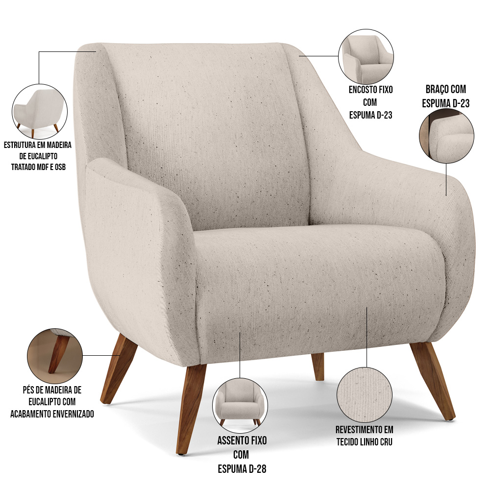 Kit 02 Poltronas Decorativa Fixa Pés de Madeira Paloma D02 Linho Cru C-443 - Lyam Decor