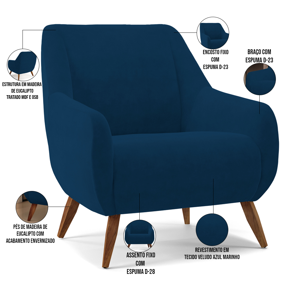 Kit 02 Poltronas Decorativa Fixa Pés de Madeira Paloma D02 Veludo Azul Marinho C-304 - Lyam Decor