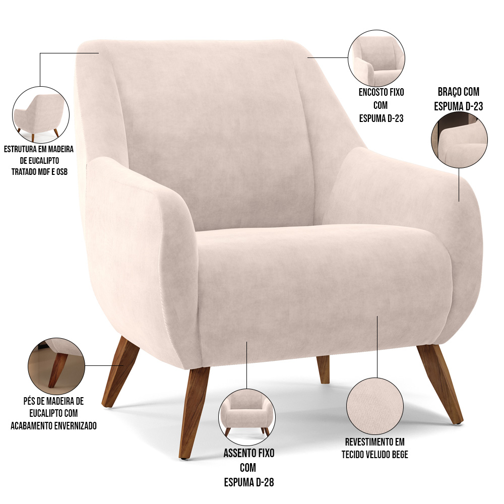 Kit 02 Poltronas Decorativa Fixa Pés de Madeira Paloma D02 Veludo Bege C-309 - Lyam Decor