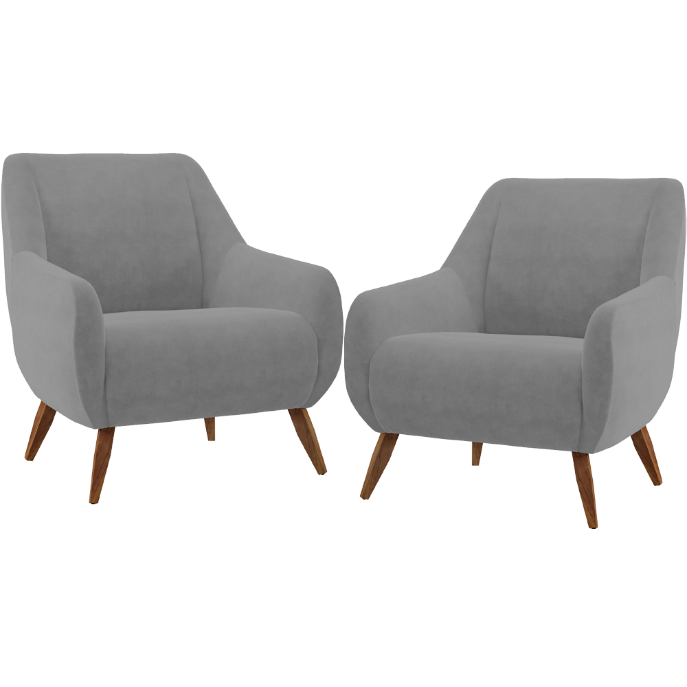 Kit 02 Poltronas Decorativa Fixa Pés de Madeira Paloma D02 Veludo Cinza C-317 - Lyam Decor