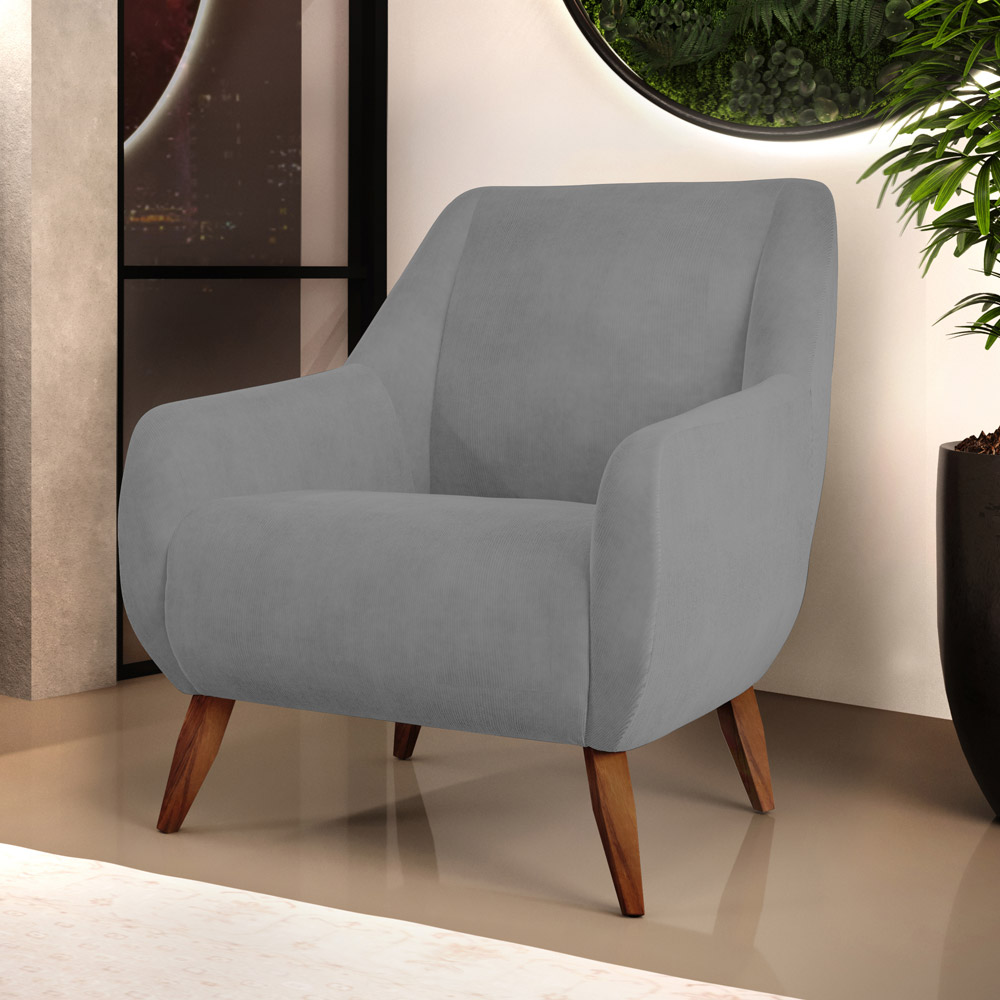 Kit 02 Poltronas Decorativa Fixa Pés de Madeira Paloma D02 Veludo Cinza C-317 - Lyam Decor