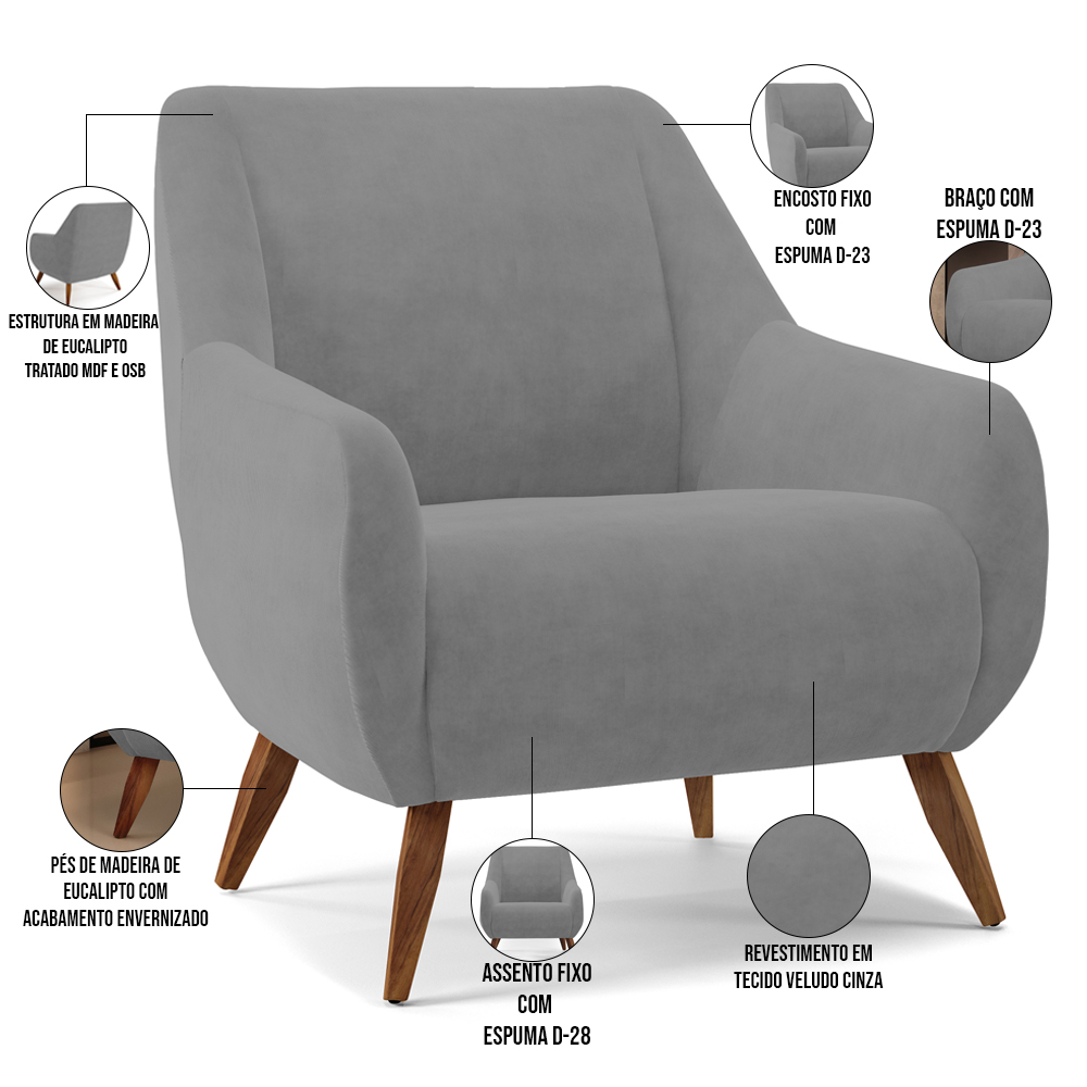 Kit 02 Poltronas Decorativa Fixa Pés de Madeira Paloma D02 Veludo Cinza C-317 - Lyam Decor