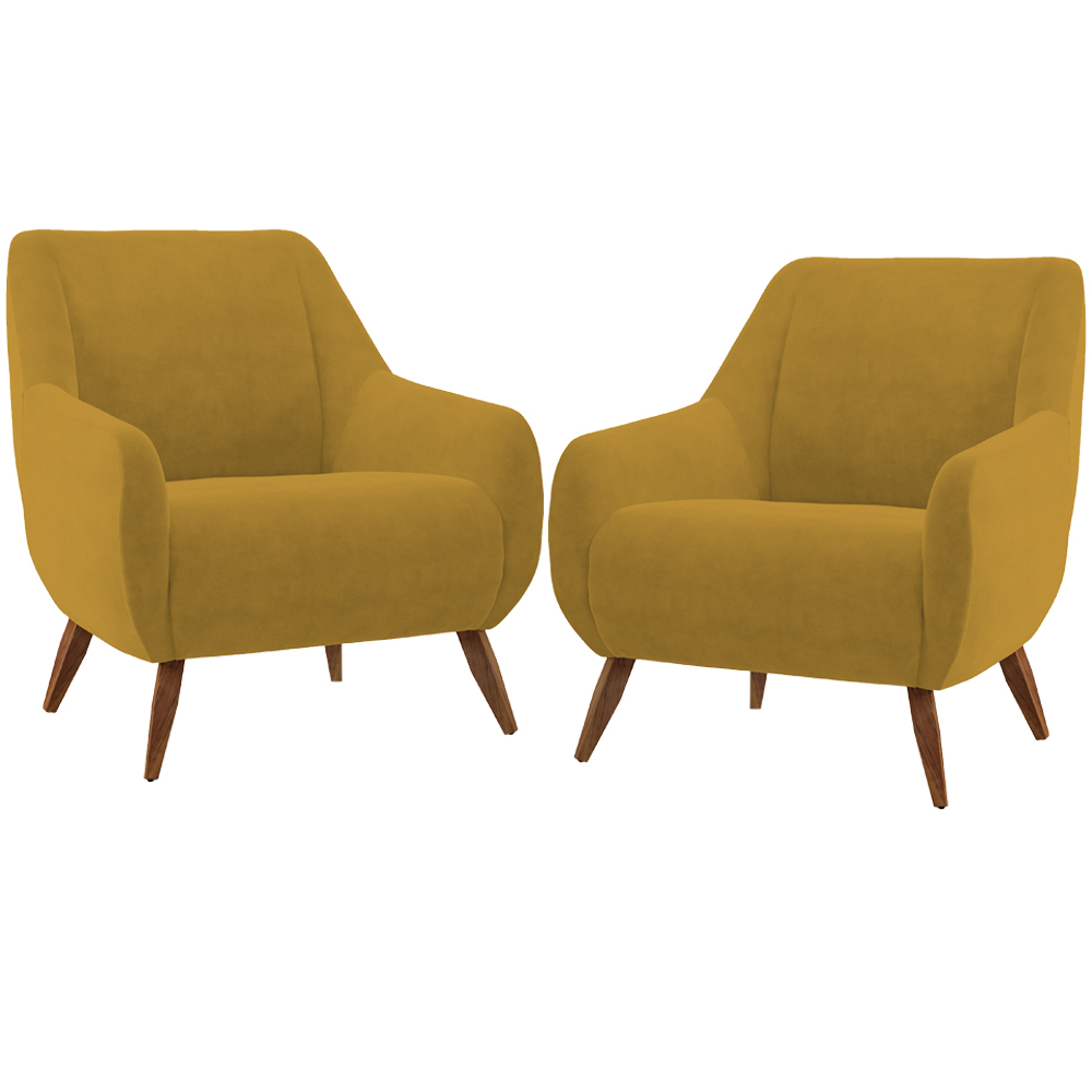 Kit 02 Poltronas Decorativa Fixa Pés de Madeira Paloma D02 Veludo Mostarda C-260 - Lyam Decor