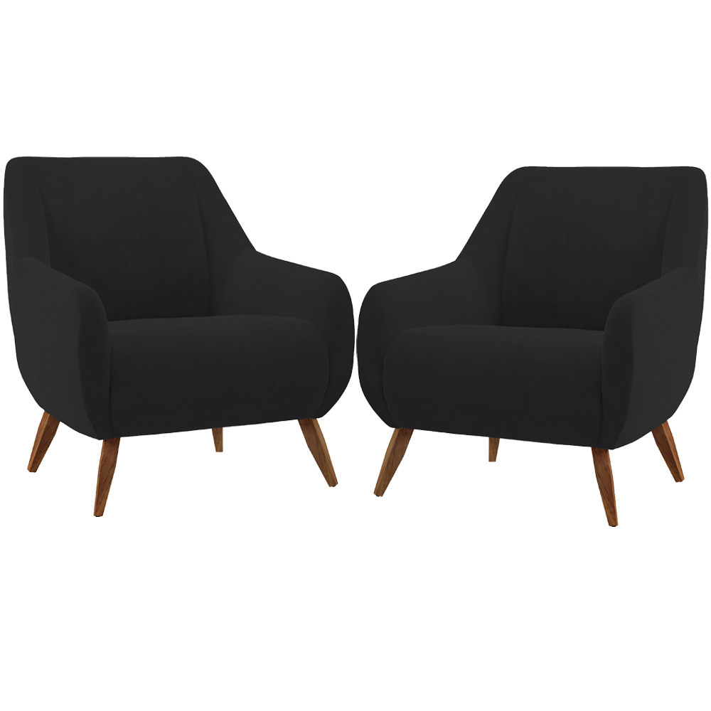 Kit 02 Poltronas Decorativa Fixa Pés de Madeira Paloma D02 Veludo Preto C-300 - Lyam Decor