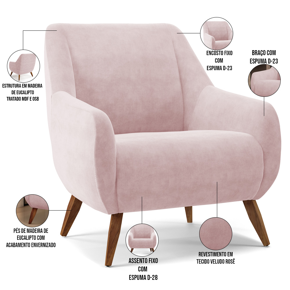 Kit 02 Poltronas Decorativa Fixa Pés de Madeira Paloma D02 Veludo Rosê C-305 - Lyam Decor