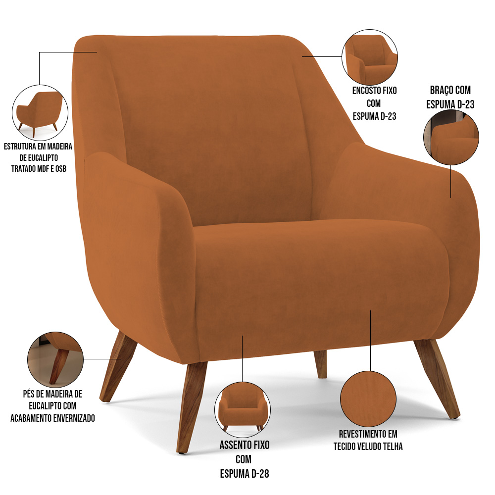Kit 02 Poltronas Decorativa Fixa Pés de Madeira Paloma D02 Veludo Telha C-262 - Lyam Decor
