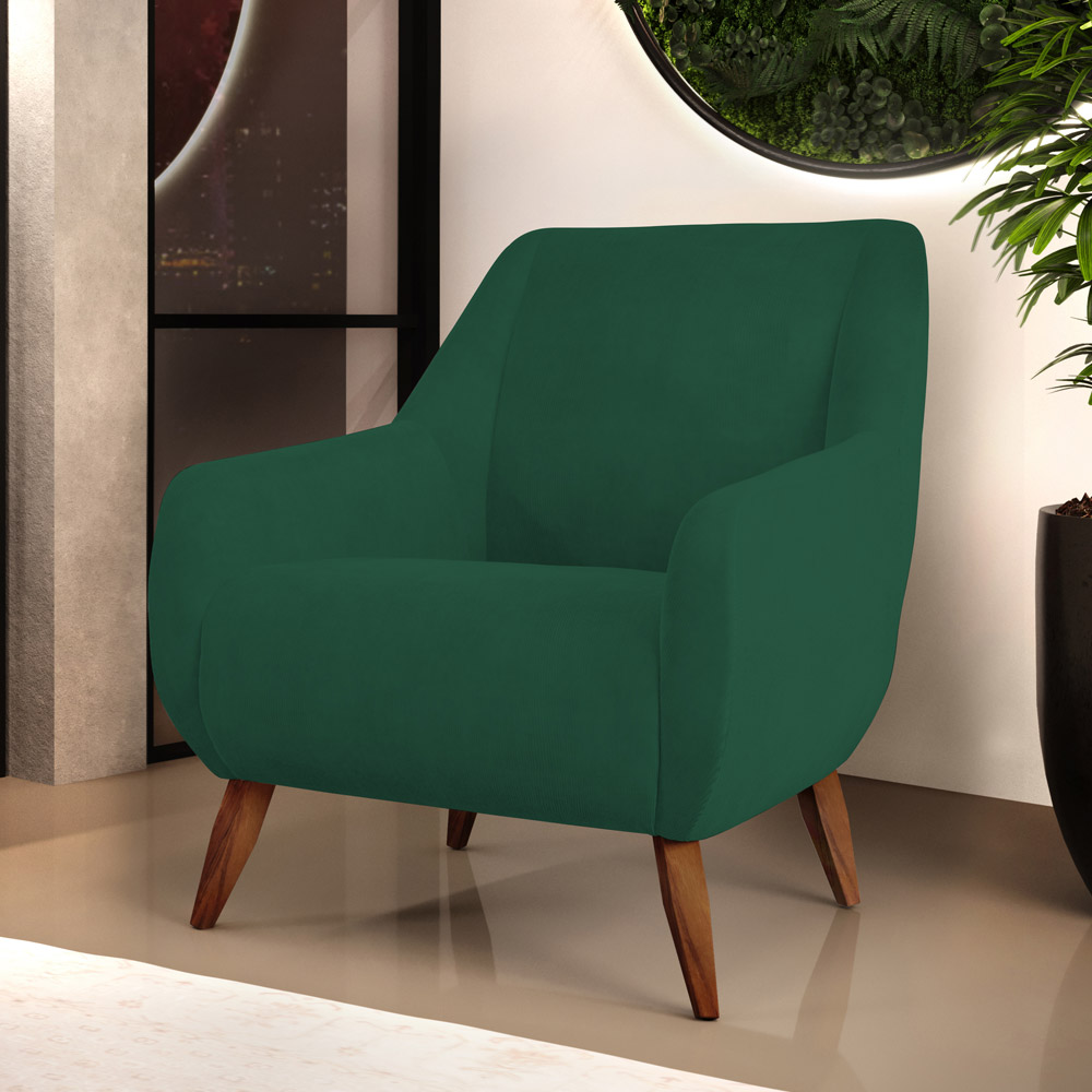 Kit 02 Poltronas Decorativa Fixa Pés de Madeira Paloma D02 Veludo Verde C-303 - Lyam Decor