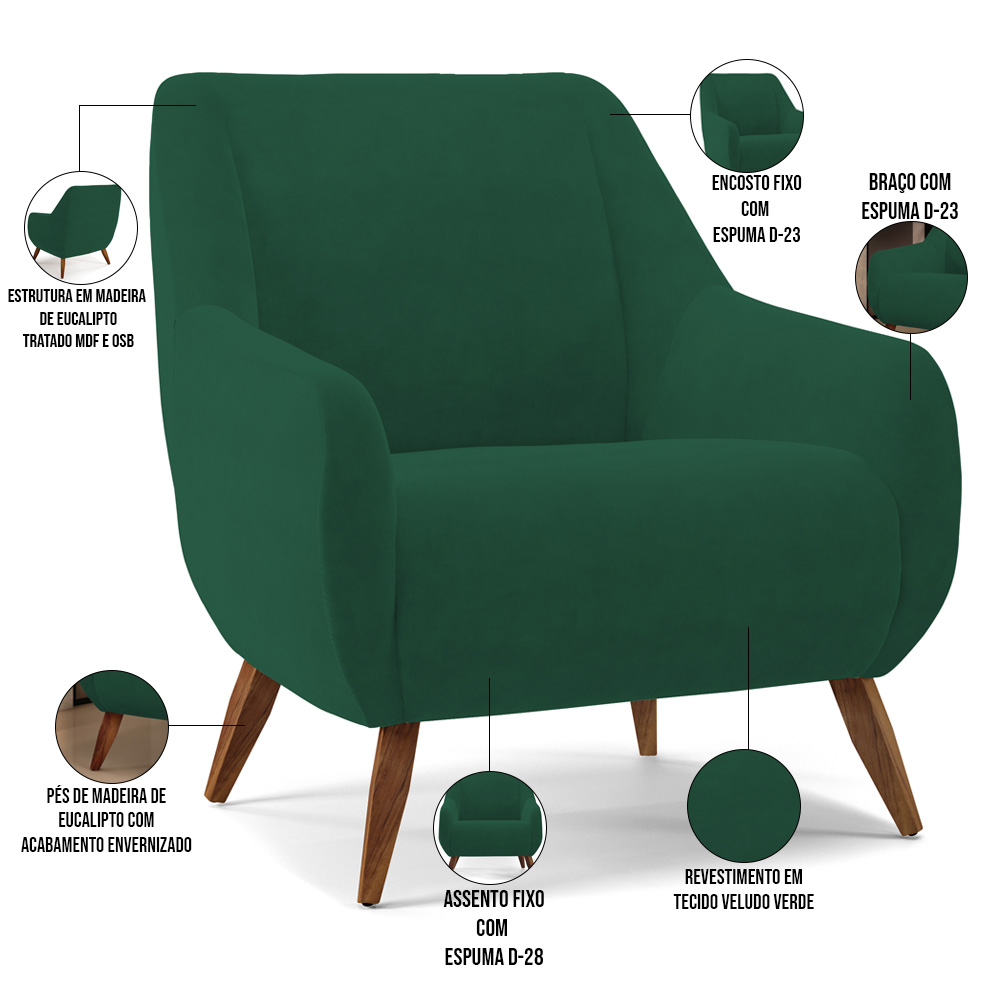 Kit 02 Poltronas Decorativa Fixa Pés de Madeira Paloma D02 Veludo Verde C-303 - Lyam Decor