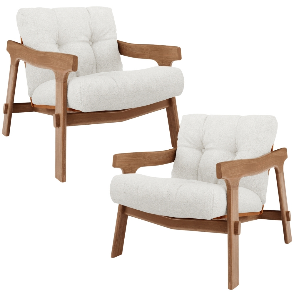 Kit 02 Poltronas Decorativa Fixa Para Sala Living Ikary L02 Canela Prime Bouclê Branco - Lyam Decor