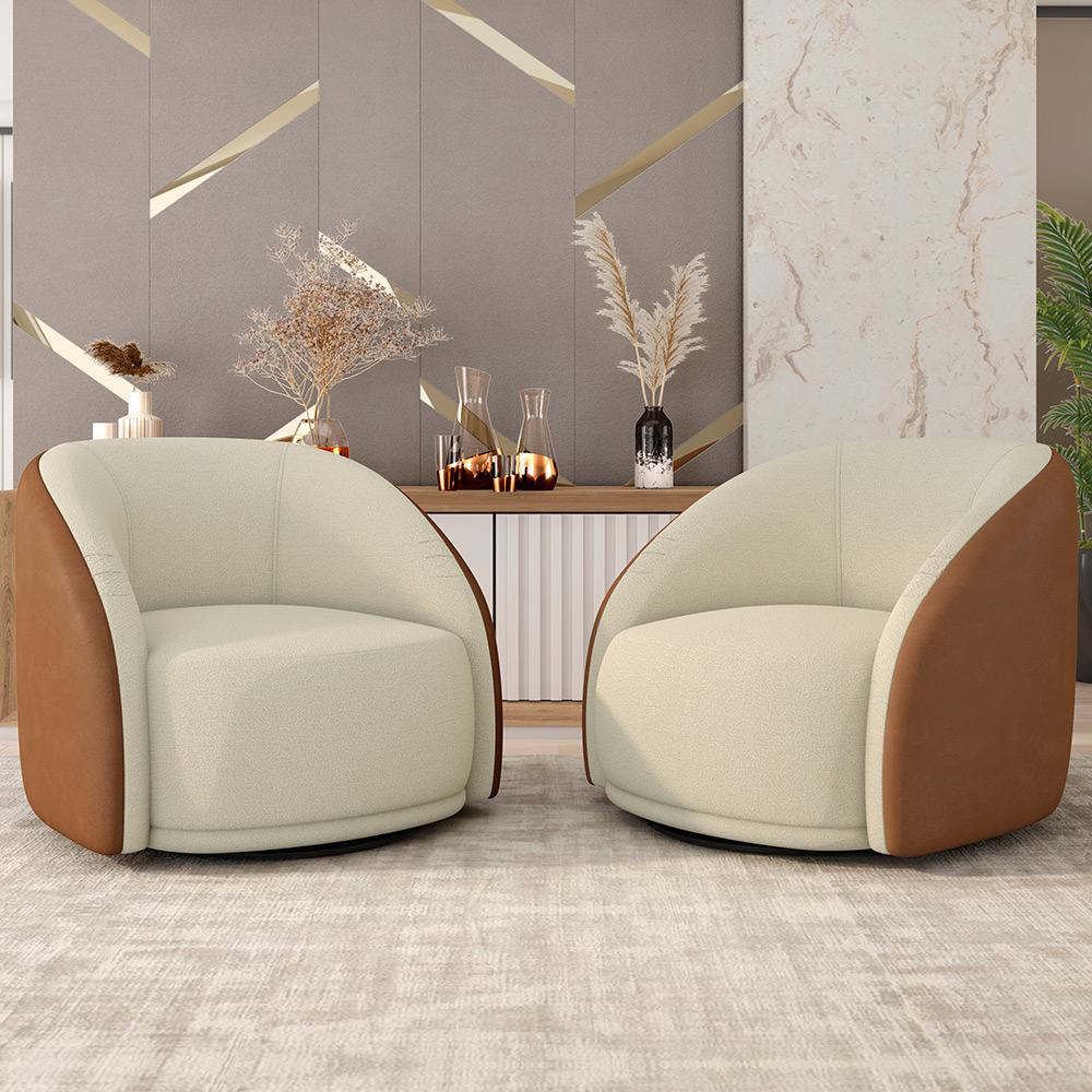 Kit 02 Poltronas Decorativa Giratória Angelina M03 Bouclê Bege Couríssimo Whisky - Lyam Decor