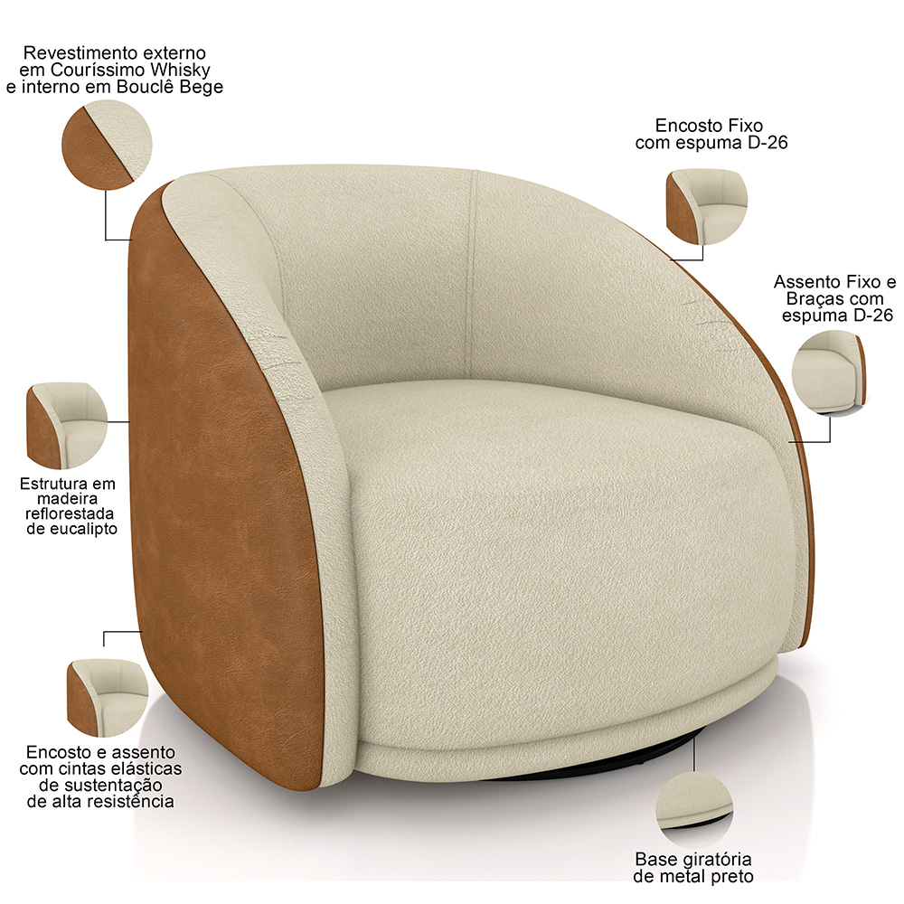 Kit 02 Poltronas Decorativa Giratória Angelina M03 Bouclê Bege Couríssimo Whisky - Lyam Decor