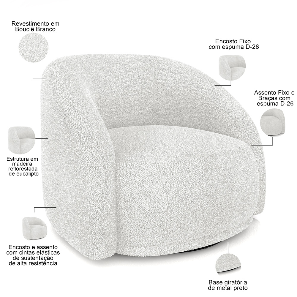 Kit 02 Poltronas Decorativa Giratória Angelina M03 Bouclê Branco - Lyam Decor