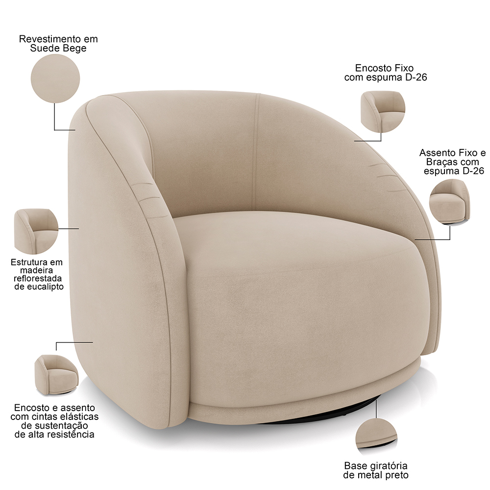 Kit 02 Poltronas Decorativa Giratória Angelina M03 Veludo Bege - Lyam Decor