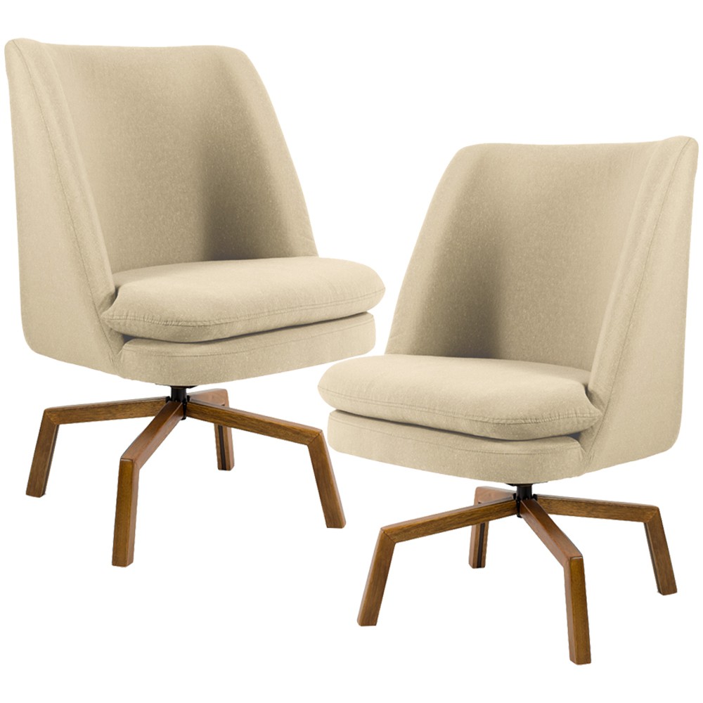 Kit 02 Poltronas Decorativa Giratória Base Ka Castanho Pérsia D02 Linho Bege C-129 - Lyam Decor