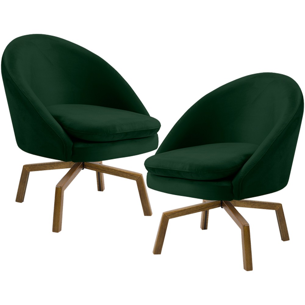 Kit 02 Poltronas Decorativa Giratória Base Ka Rafa D02 Veludo Verde B-303 - Lyam Decor
