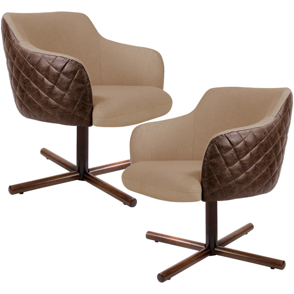 Kit 02 Poltronas Decorativa Giratória Base X Jade D02 Linho Bege C-129 Tressê Corano Marrom - Lyam Decor