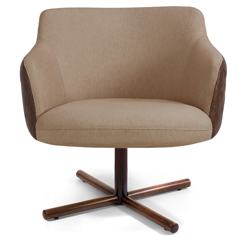 Kit 02 Poltronas Decorativa Giratória Base X Jade D02 Linho Bege C-129 Tressê Corano Marrom - Lyam Decor